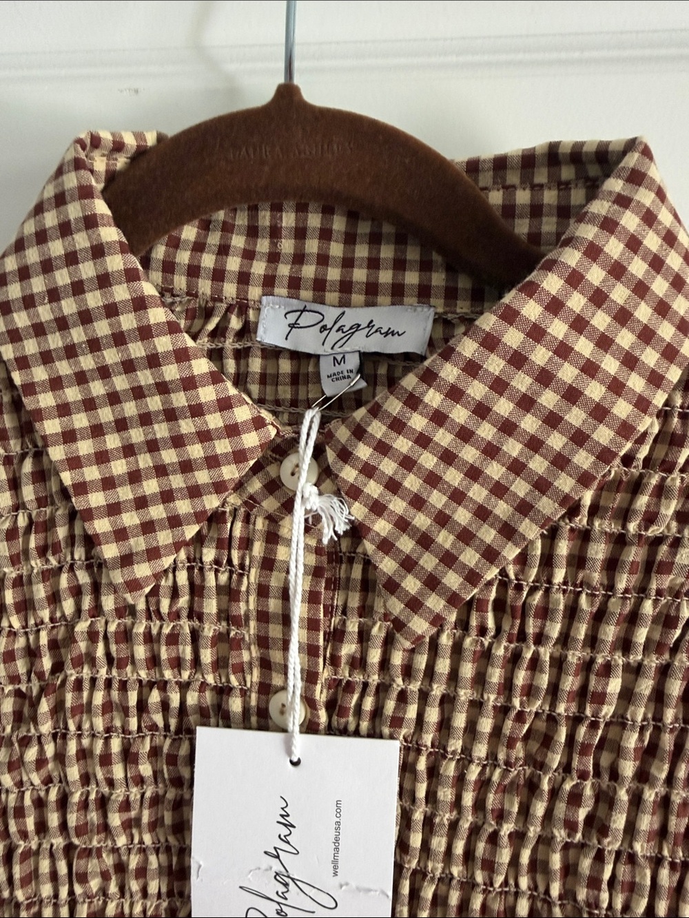 Puff-Sleeve Gingham Button-Up in Brown and Cream medium - Picture 2 of 5